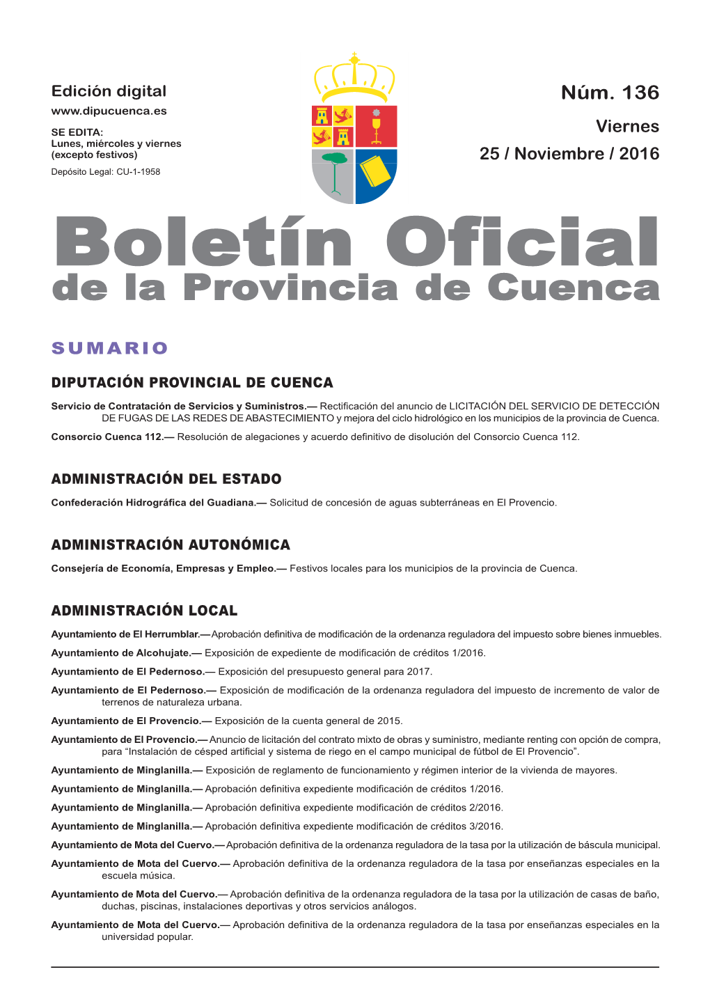 Boletín Oficial De La Provincia De Cuenca Sumario Diputación Provincial De Cuenca