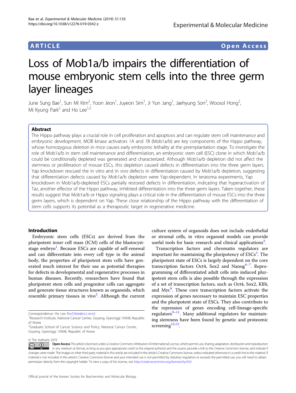 Loss of Mob1a/B Impairs the Differentiation of Mouse Embryonic