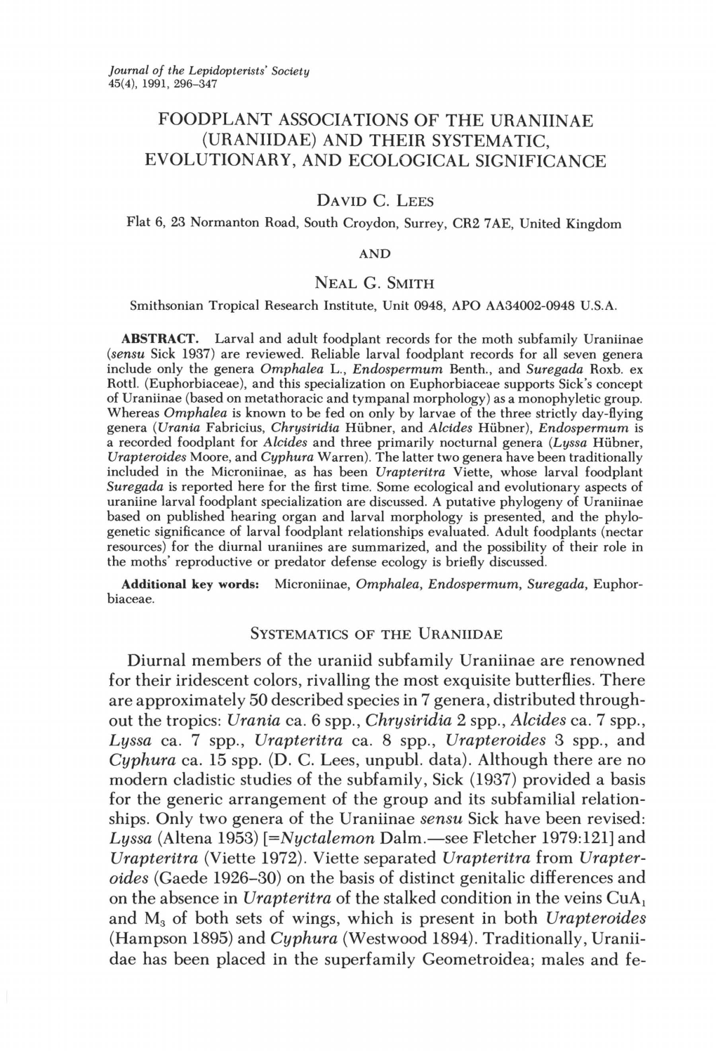 Uraniidae) and Their System a Tic, Evolutionary, and Ecological Significance