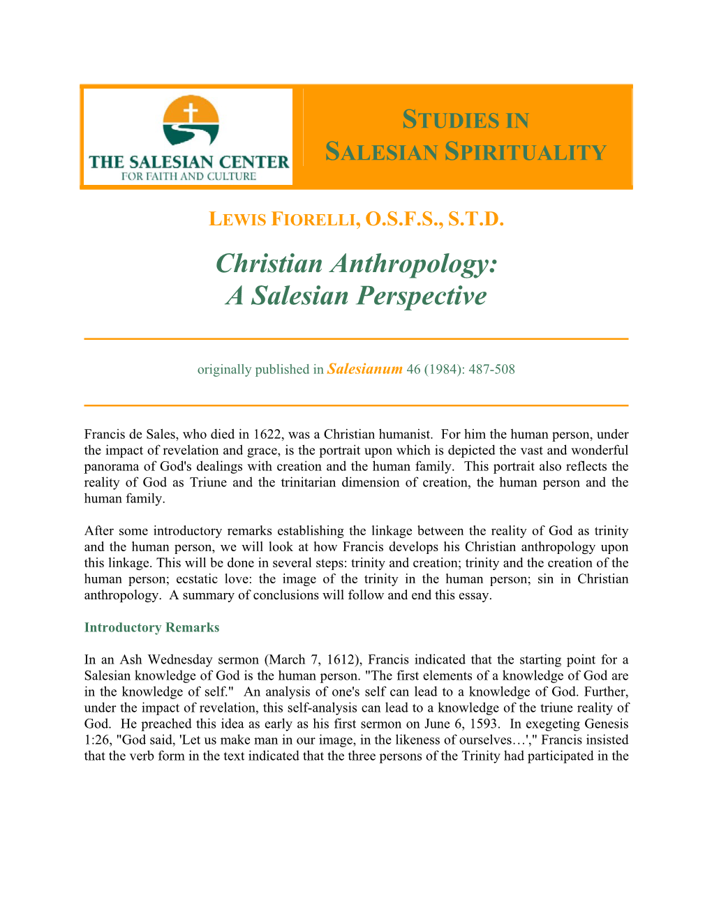 Christian Anthropology: a Salesian Perspective