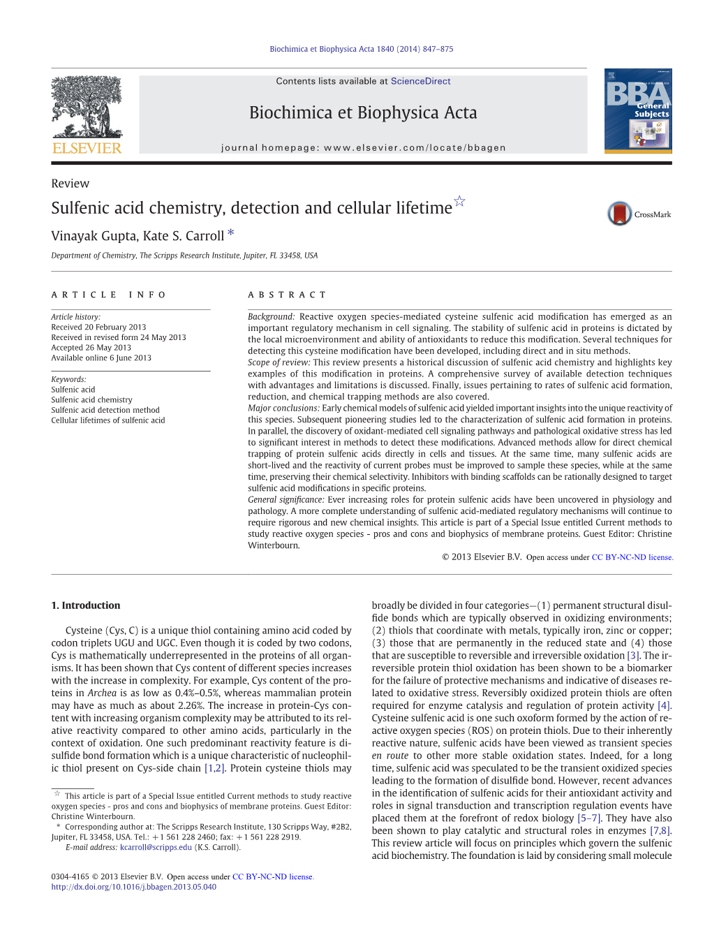 Sulfenic Acid Chemistry, Detection and Cellular Lifetime☆