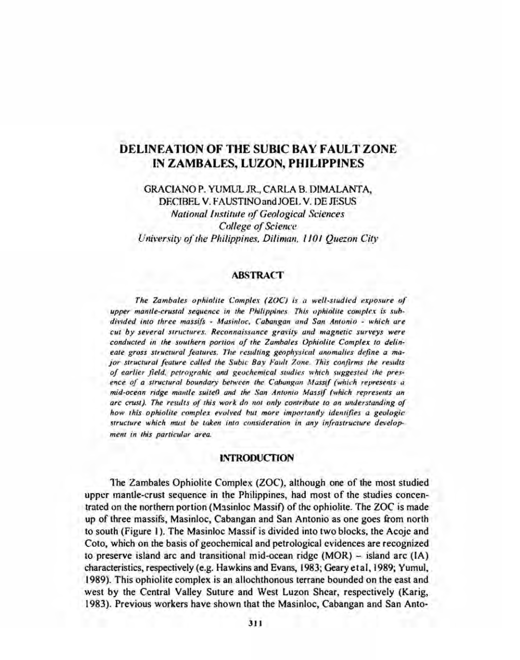 Delineation of the Subic Bay Fault Zone in Zambales, Luzon, Philippines