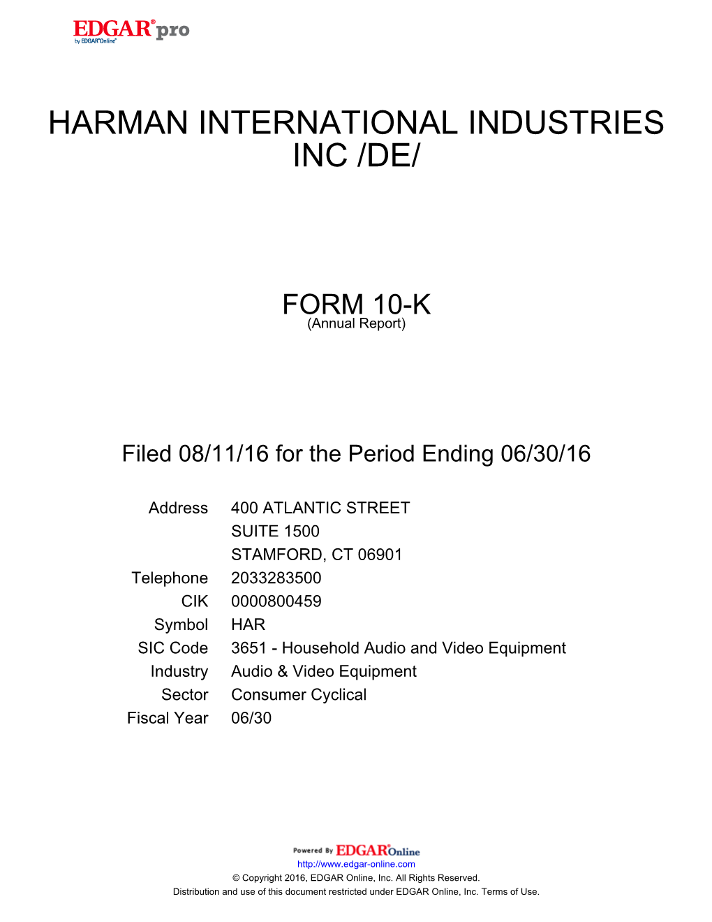 Harman International Industries Inc /De