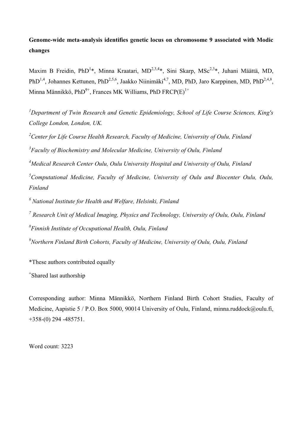 Genome-Wide Meta-Analysis Identifies Genetic Locus on Chromosome 9 Associated with Modic Changes