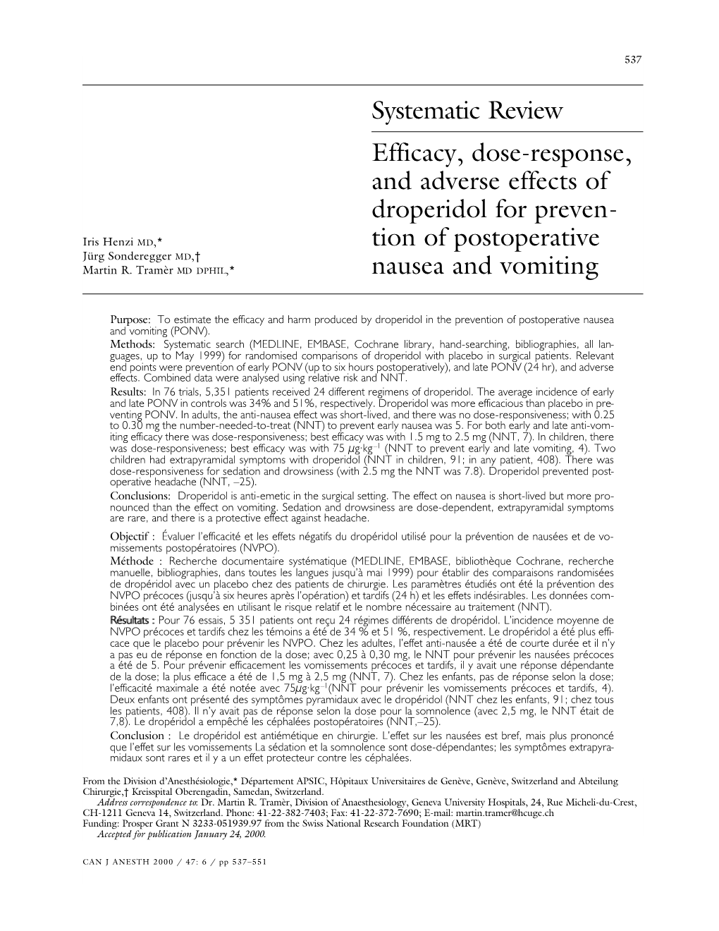 Efficacy, Dose-Response, and Adverse Effects of Droperidol for Prevention