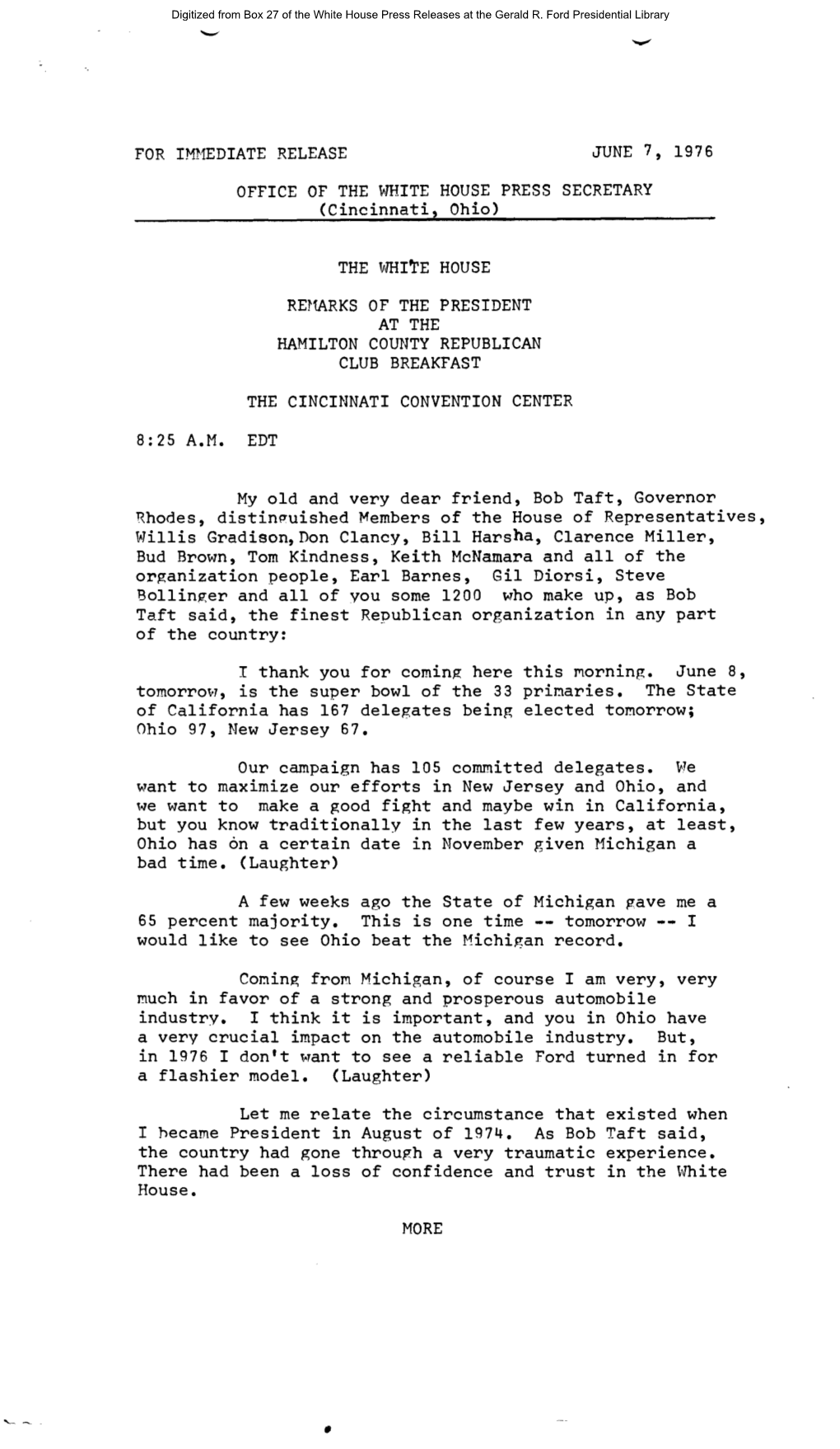 Gerald R. Ford Administration White House Press Releases