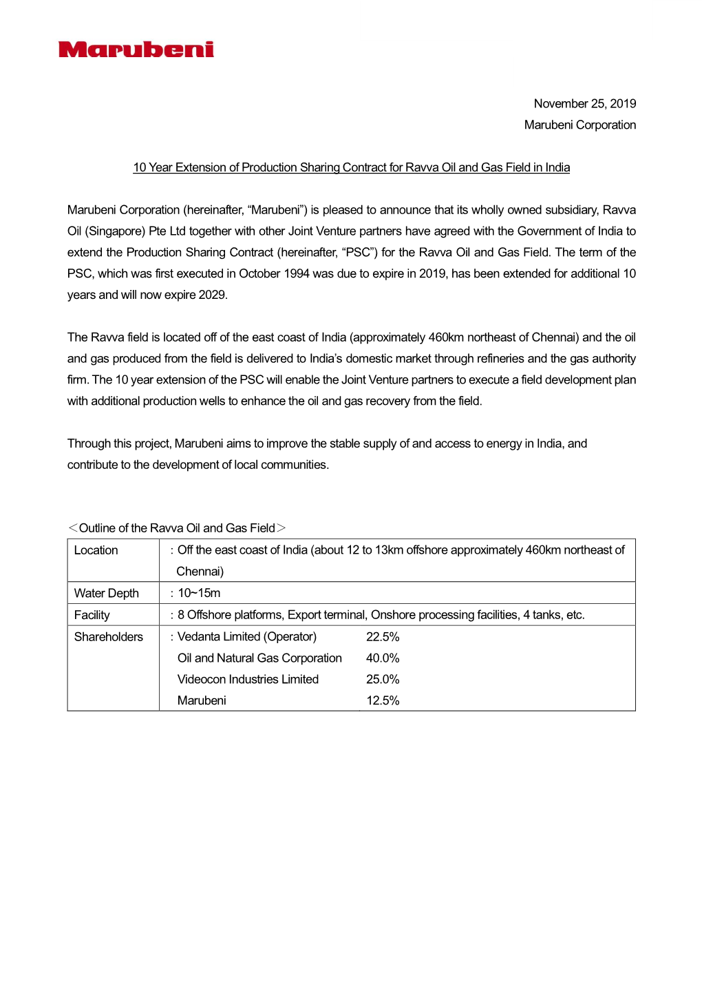 10 Year Extension of Production Sharing Contract for Ravva Oil and Gas Field in India