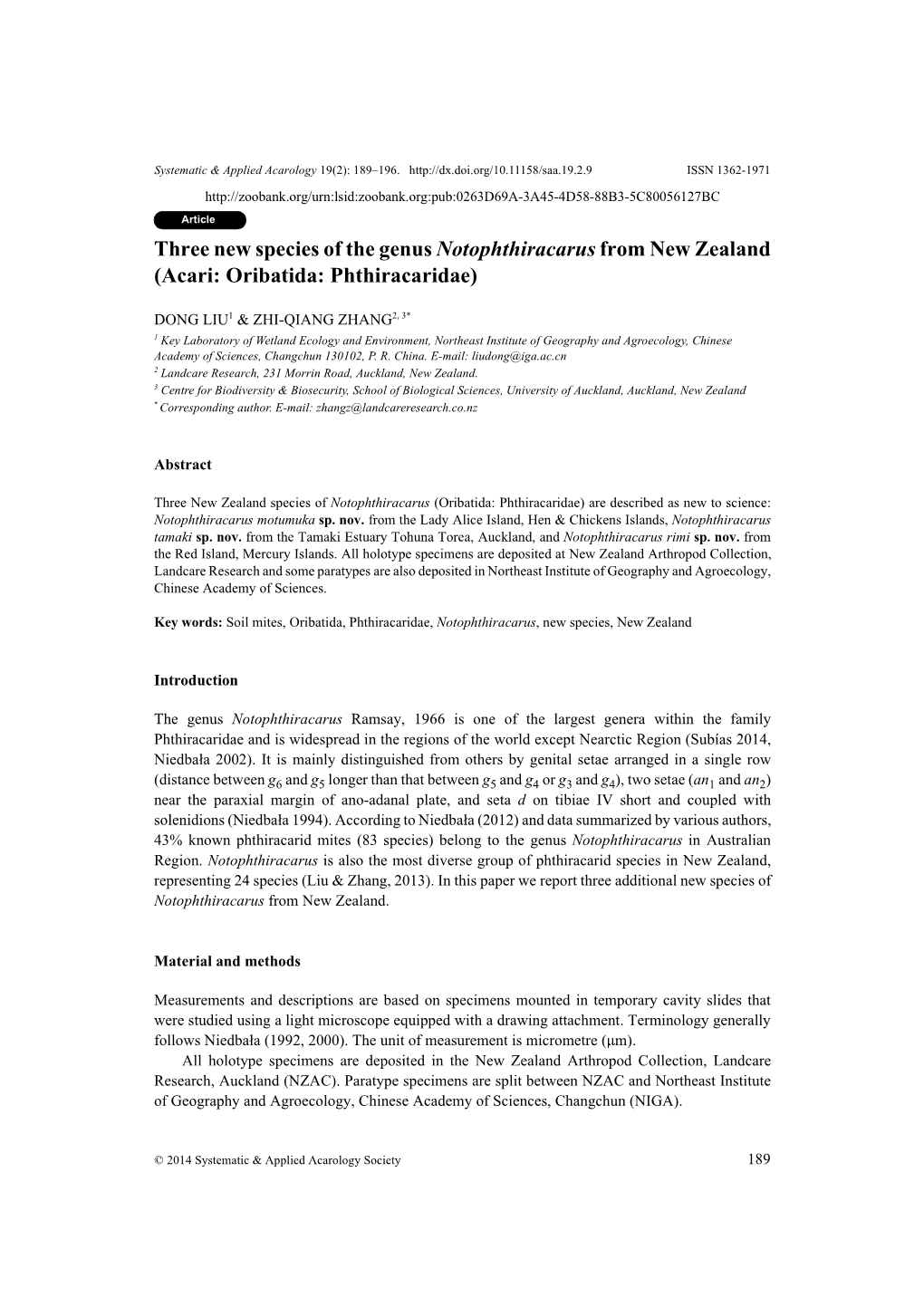 Three New Species of the Genus Notophthiracarus from New Zealand (Acari: Oribatida: Phthiracaridae)