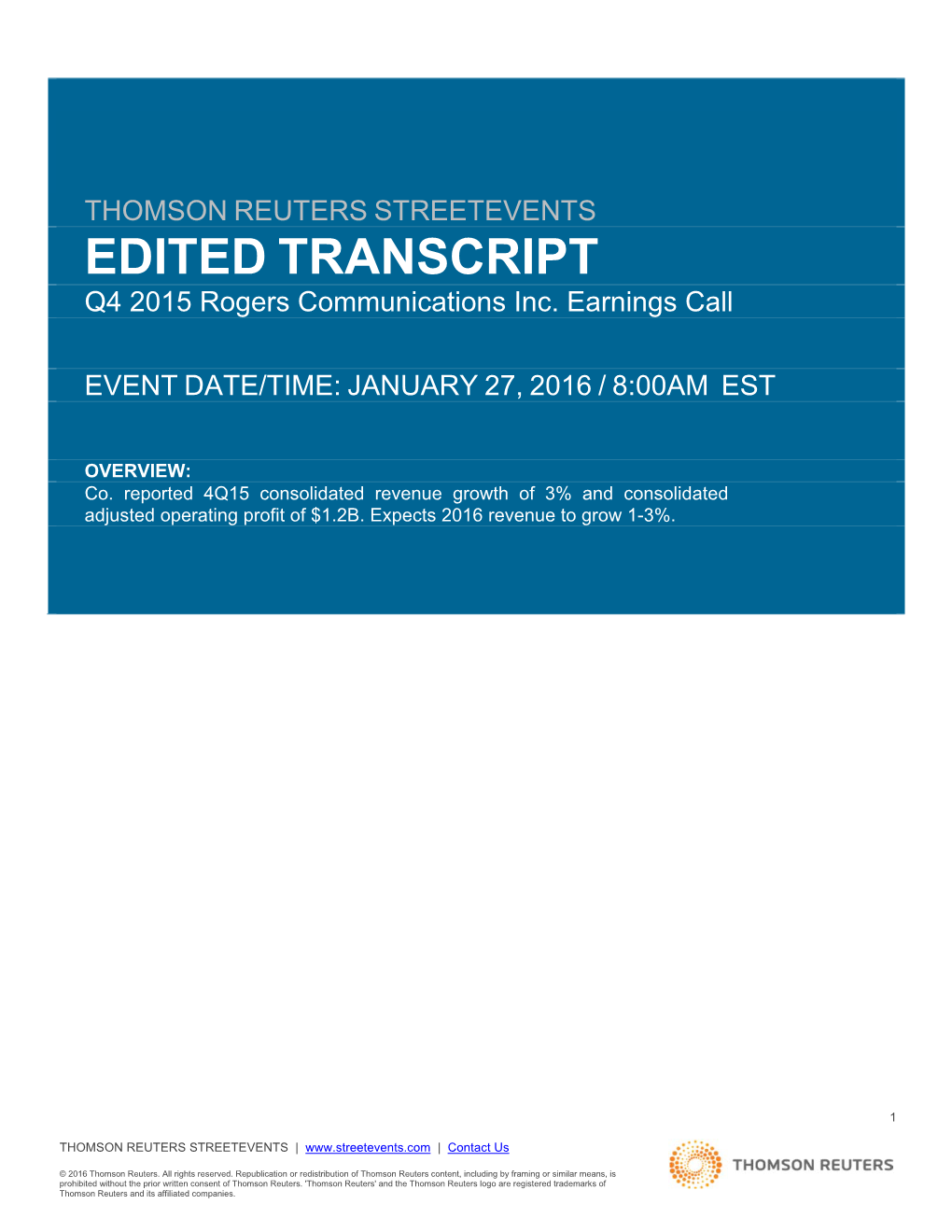 EDITED TRANSCRIPT Q4 2015 Rogers Communications Inc