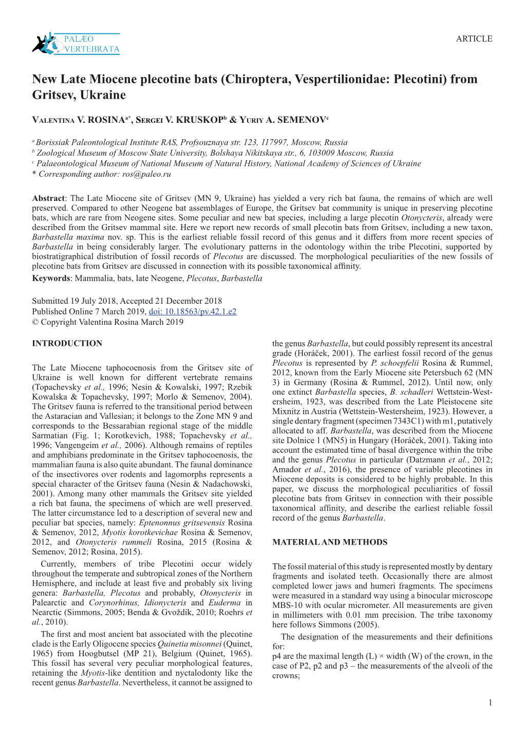 New Late Miocene Plecotine Bats (Chiroptera, Vespertilionidae: Plecotini) from Gritsev, Ukraine