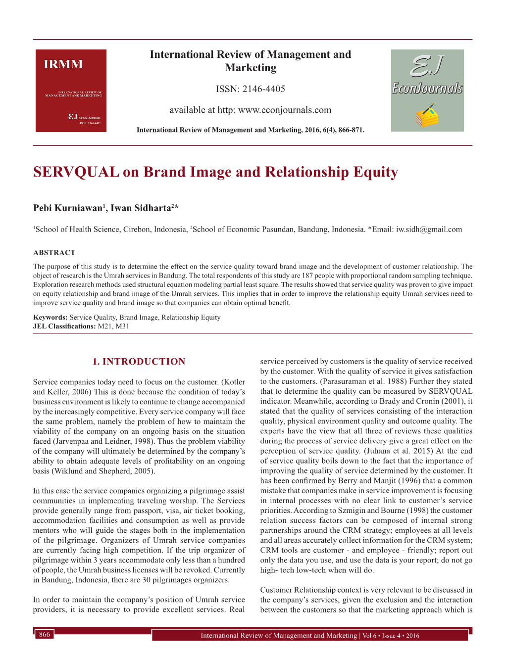 SERVQUAL on Brand Image and Relationship Equity
