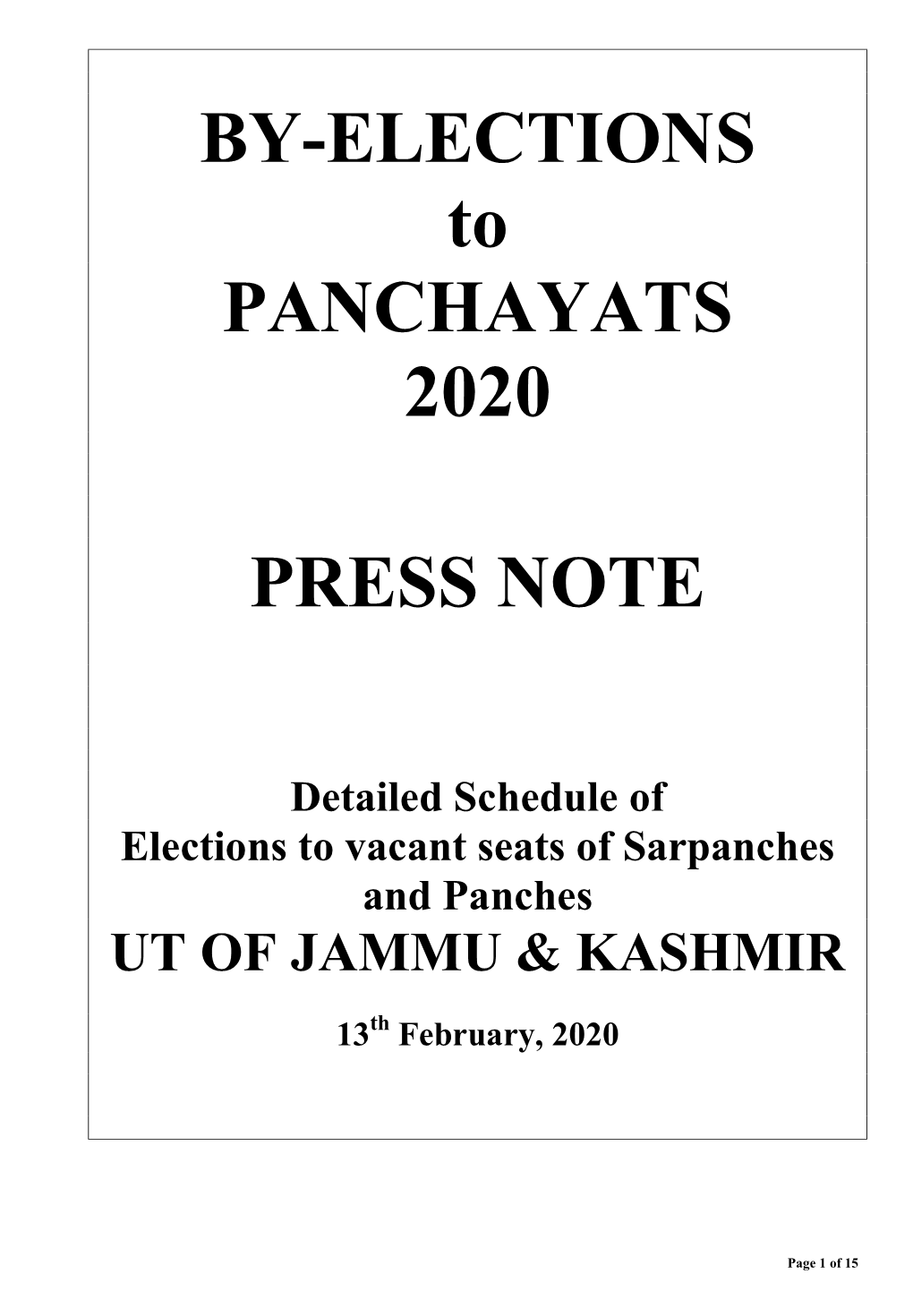 BY-ELECTIONS to PANCHAYATS 2020 PRESS NOTE