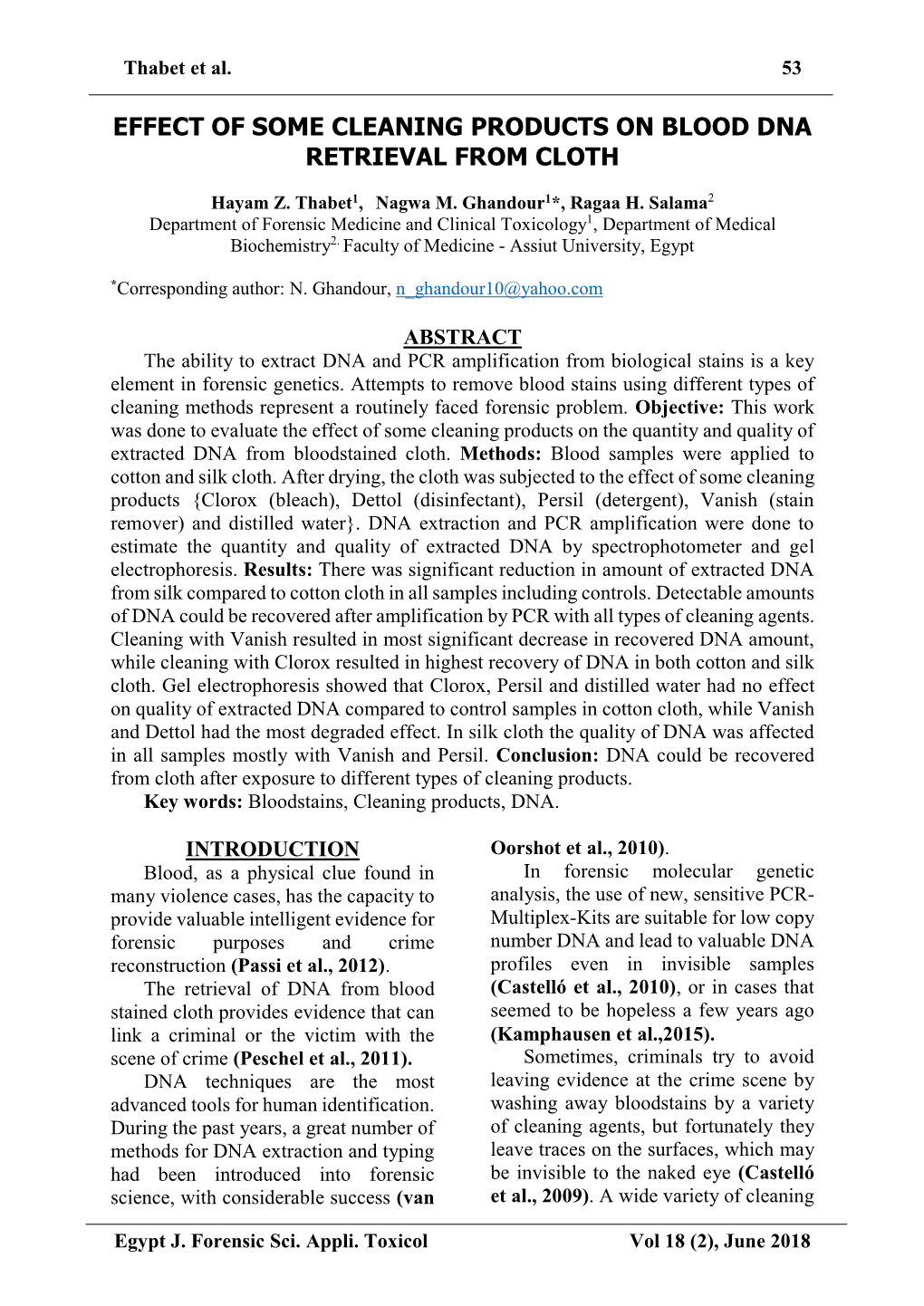 Effect of Some Cleaning Products on Blood Dna Retrieval from Cloth