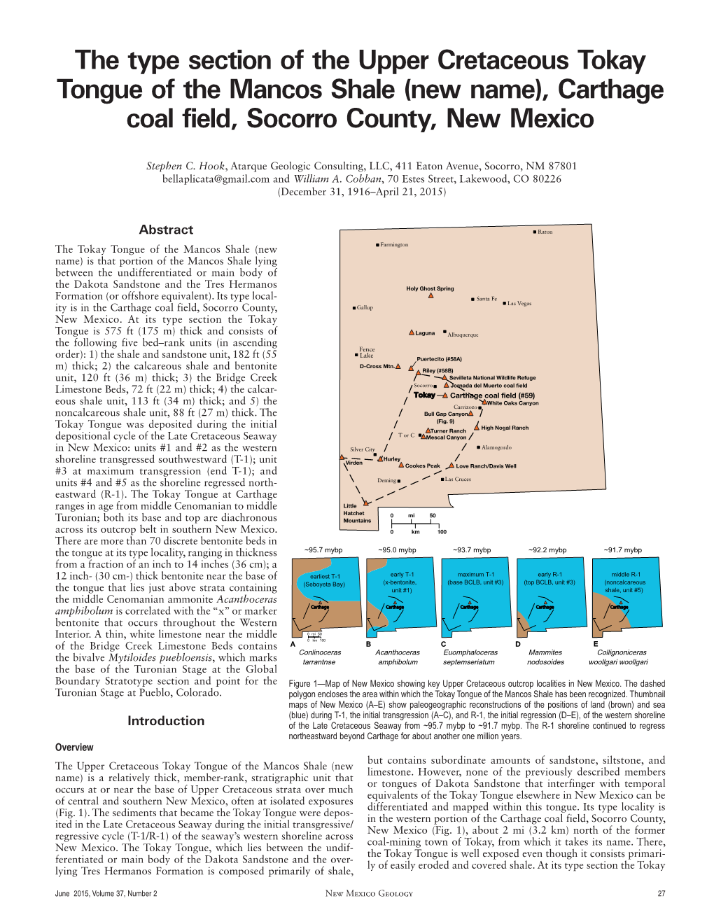 The Type Section of the Upper Cretaceous Tokay Tongue of the Mancos Shale (New Name), Carthage Coal Field, Socorro County, New Mexico