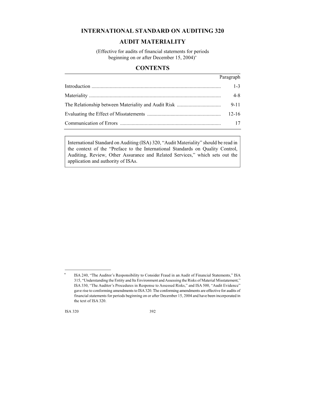 International Standard on Auditing 320 Audit Materiality