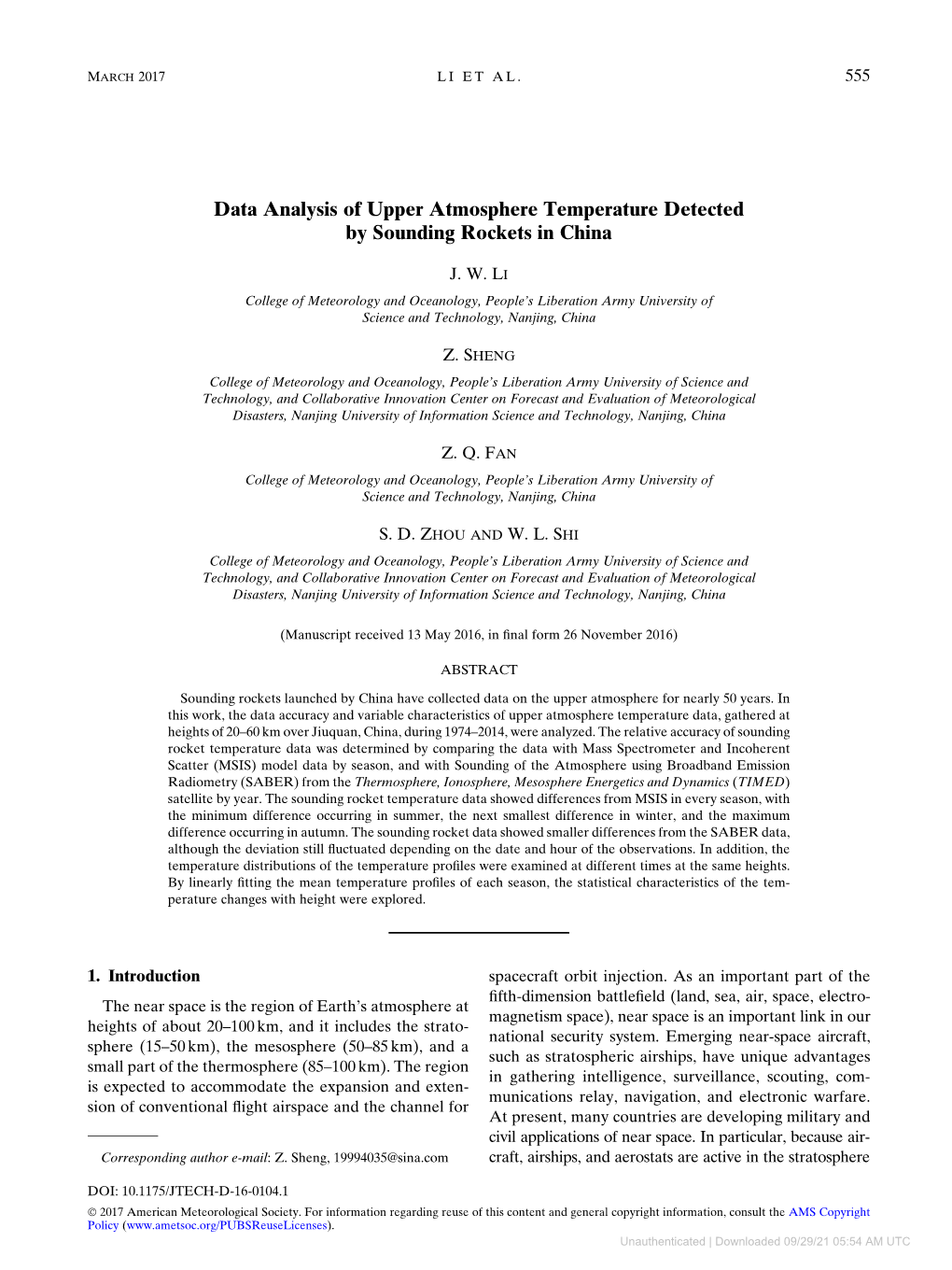 Data Analysis of Upper Atmosphere Temperature Detected by Sounding Rockets in China