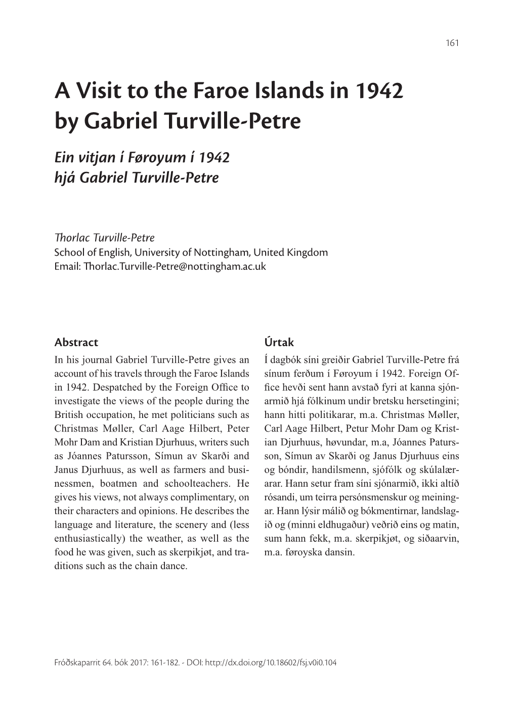 A Visit to the Faroe Islands in 1942 by Gabriel Turville-Petre Ein Vitjan Í Føroyum Í 1942 Hjá Gabriel Turville-Petre