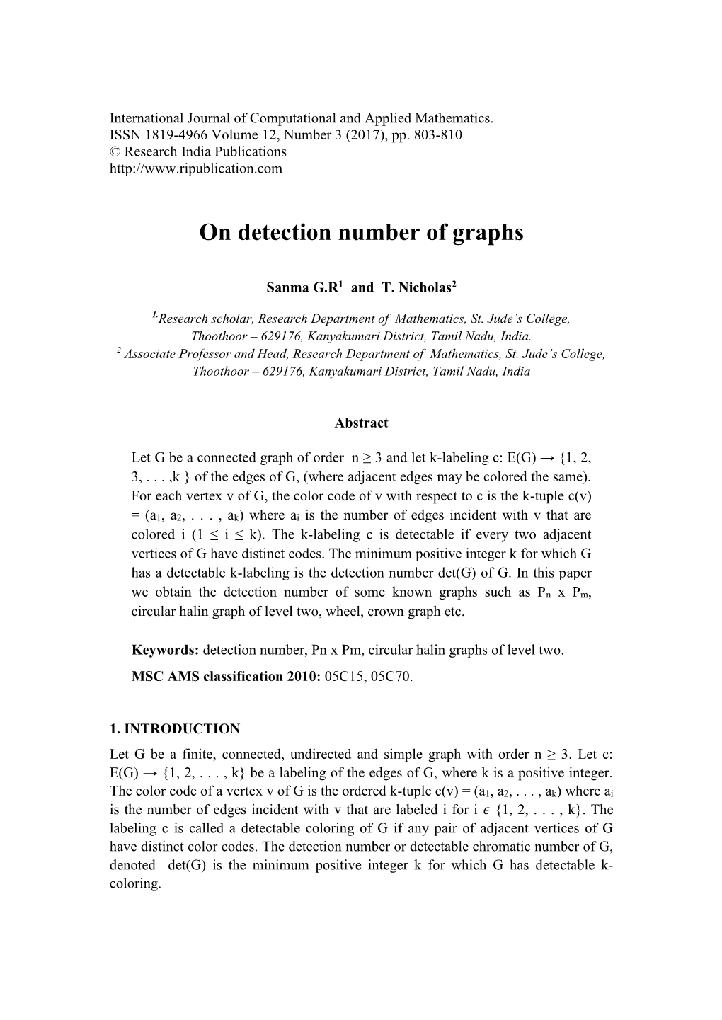 On Detection Number of Graphs