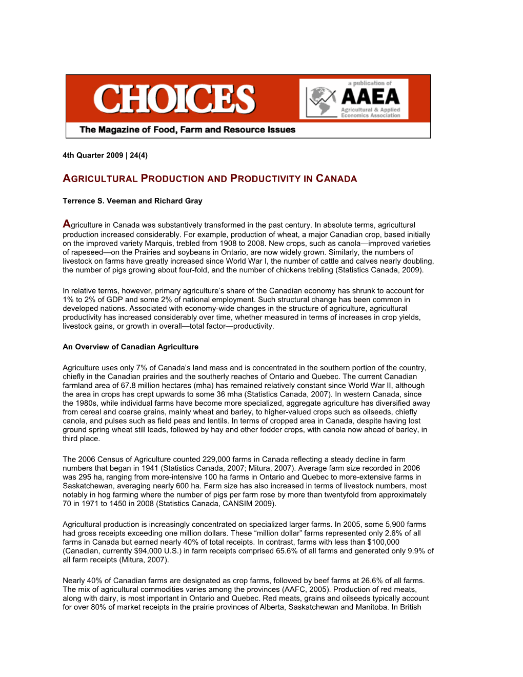 Agricultural Production and Productivity in Canada