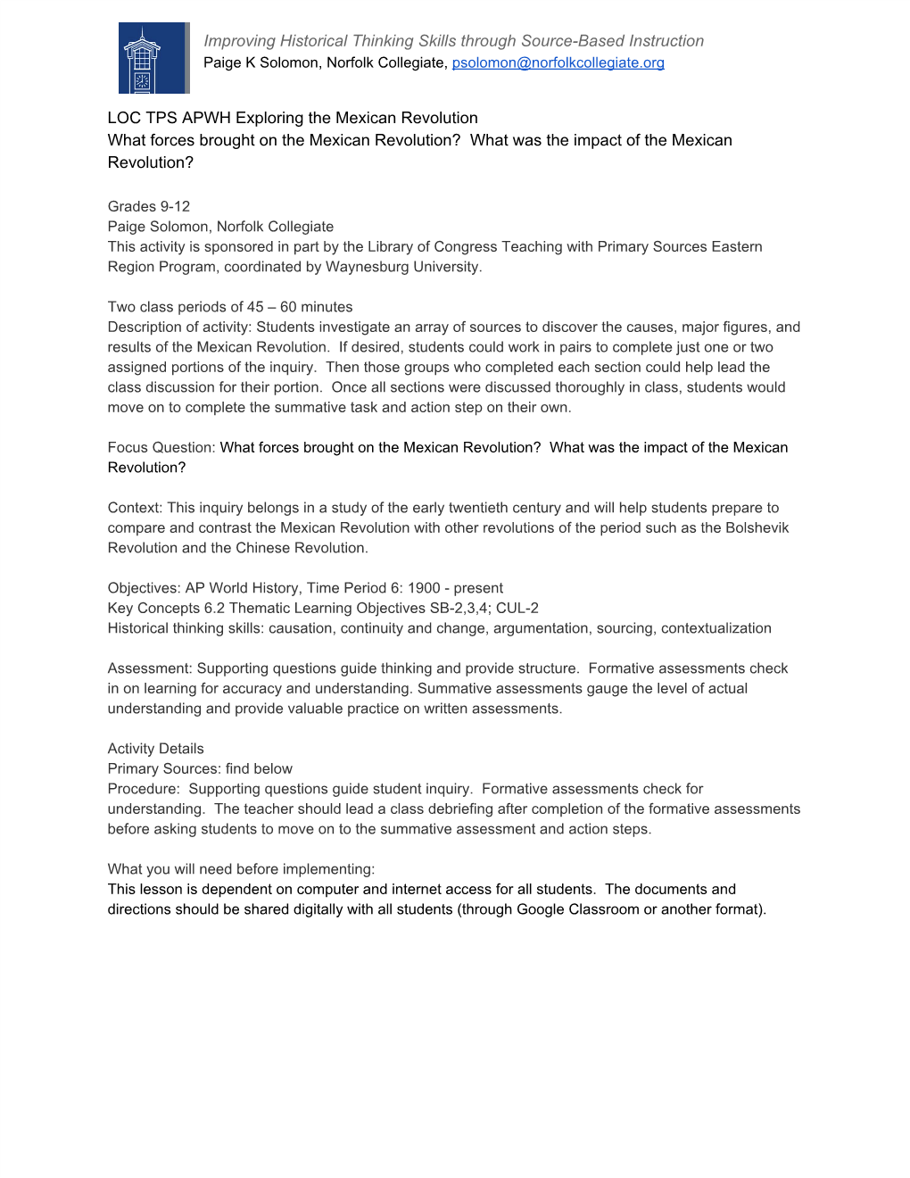 Improving Historical Thinking Skills Through Source-Based Instruction Paige K Solomon, Norfolk Collegiate, Psolomon@Norfolkcollegiate.Org ​