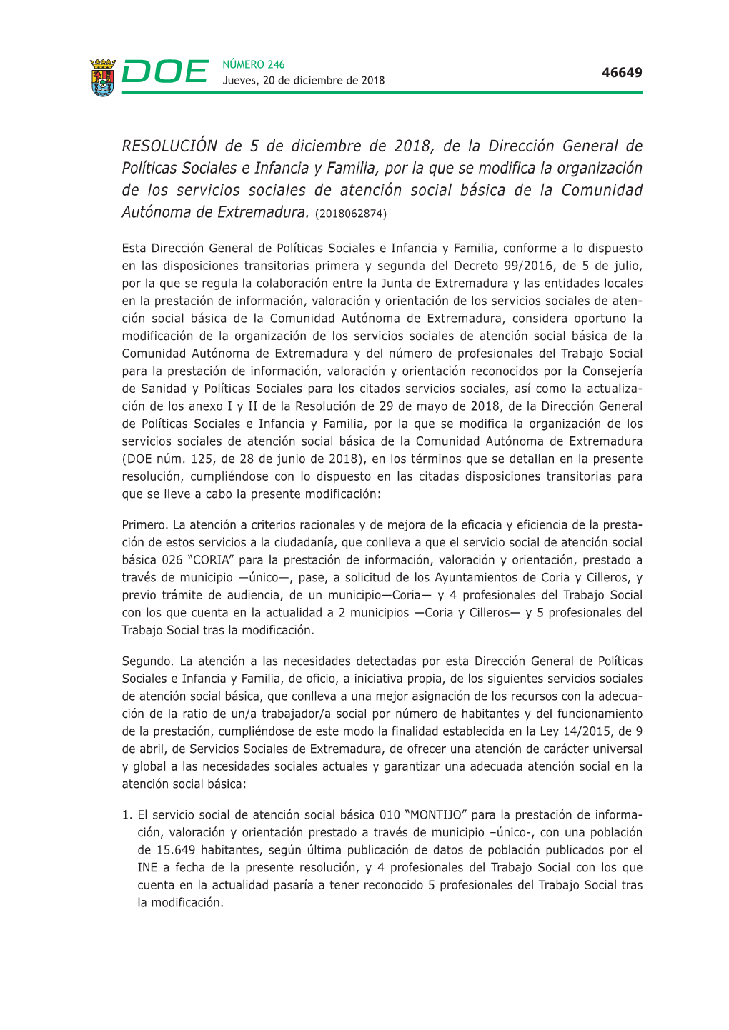 RESOLUCIÓN De 5 De Diciembre De 2018, De La Dirección General De