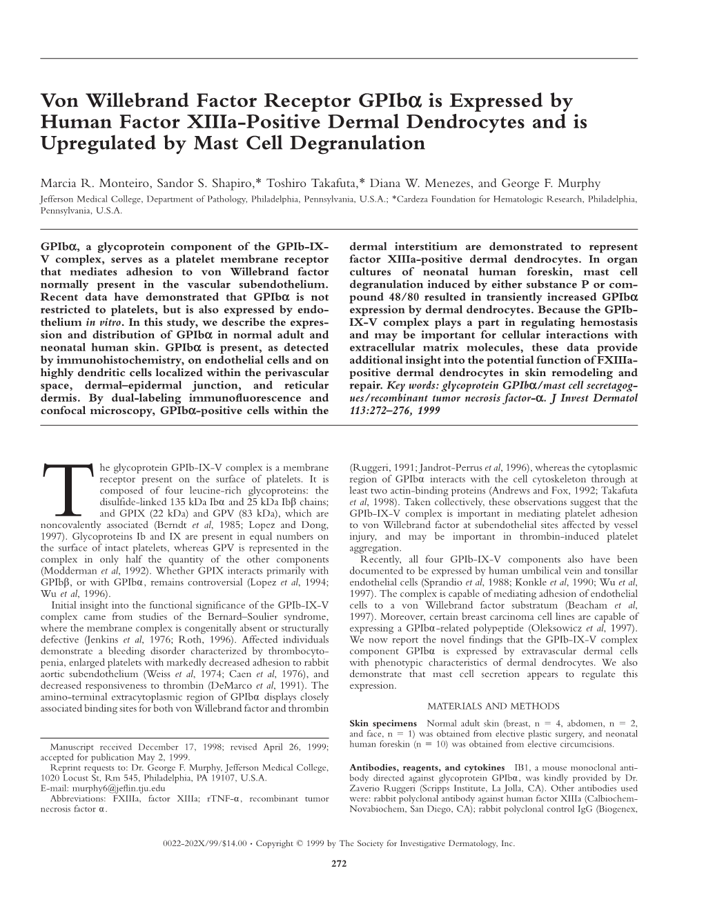 Von Willebrand Factor Receptor Gpibα Is Expressed by Human Factor Xiiia-Positive Dermal Dendrocytes and Is Upregulated by Mast Cell Degranulation