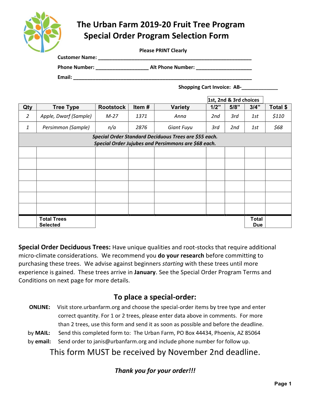 The Urban Farm 2019-20 Fruit Tree Program Special Order Program Selection Form This Form MUST Be Received by November 2Nd Deadli