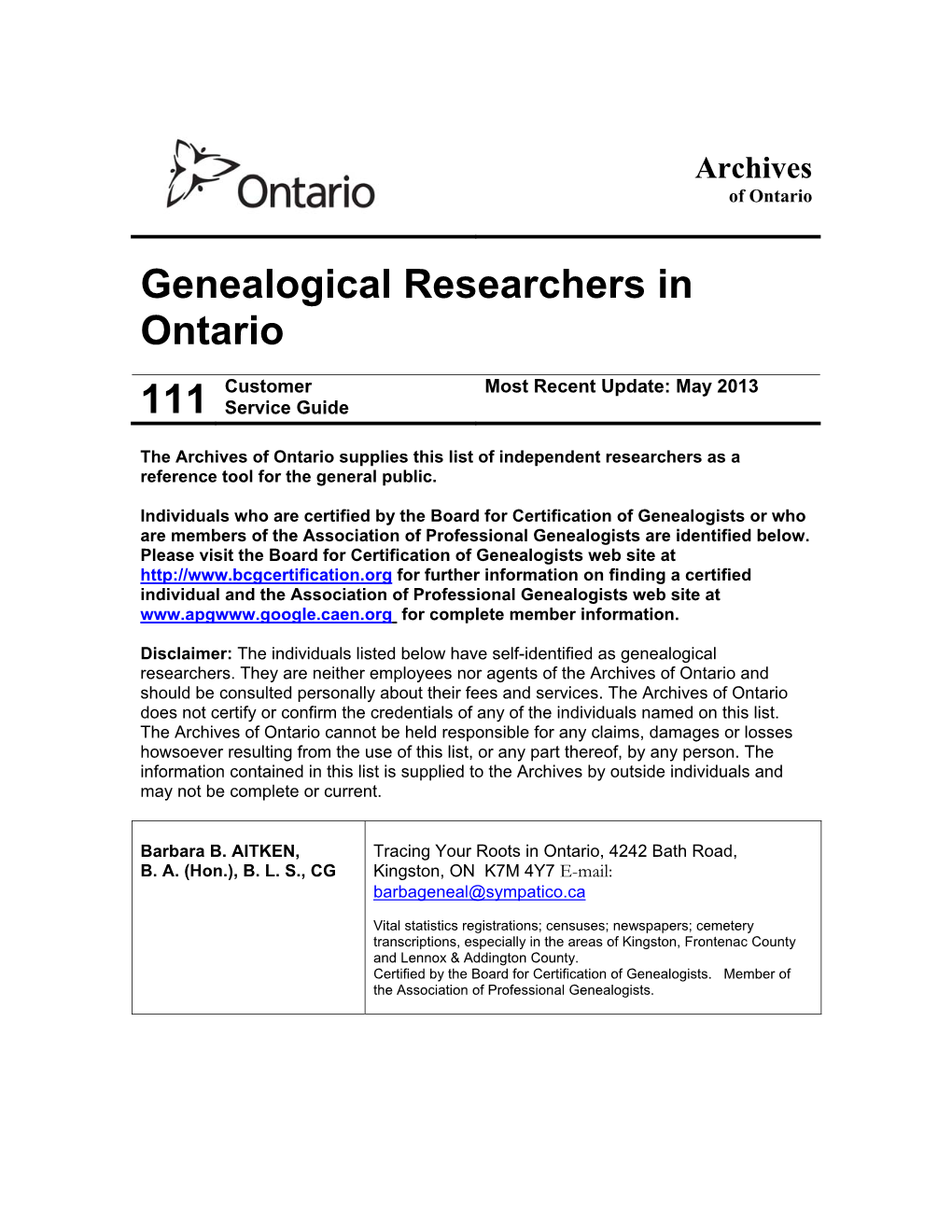 Genealogical Researchers in Ontario