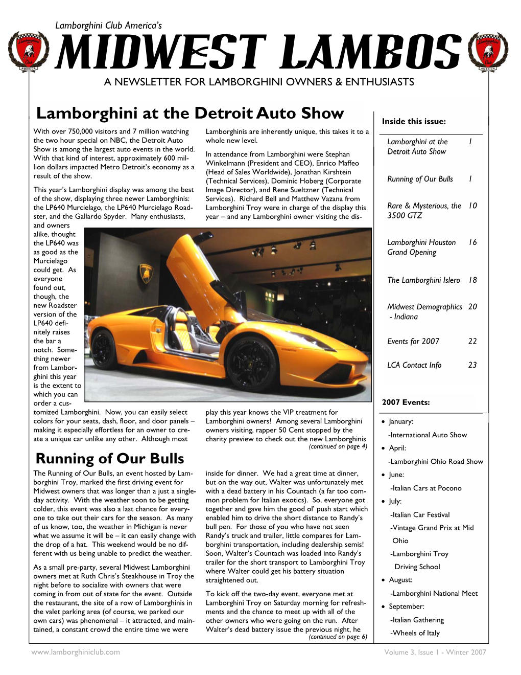 Lamborghini Club America’S MIDWEST LAMBOS a NEWSLETTER for LAMBORGHINI OWNERS & ENTHUSIASTS