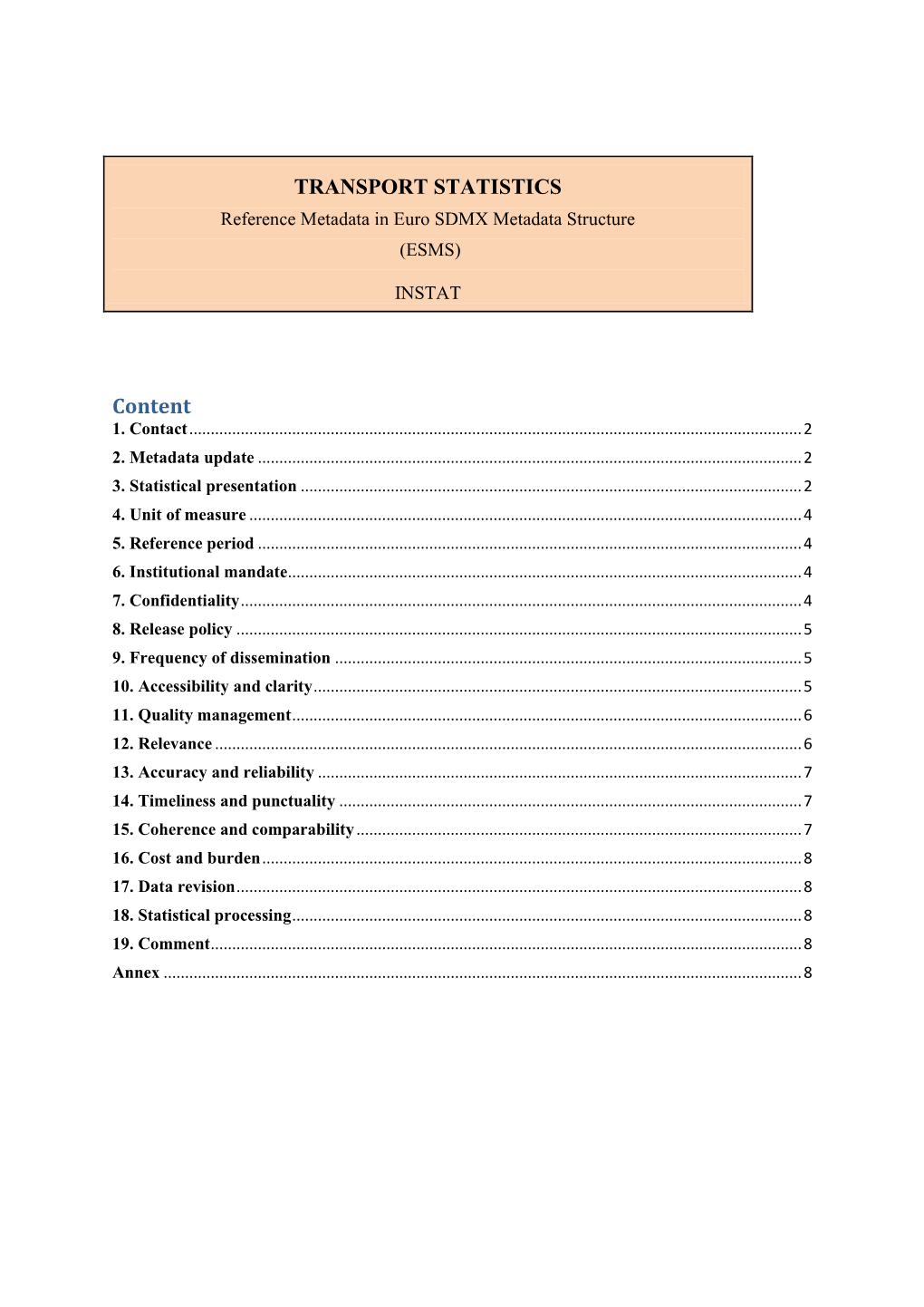 TRANSPORT STATISTICS Content