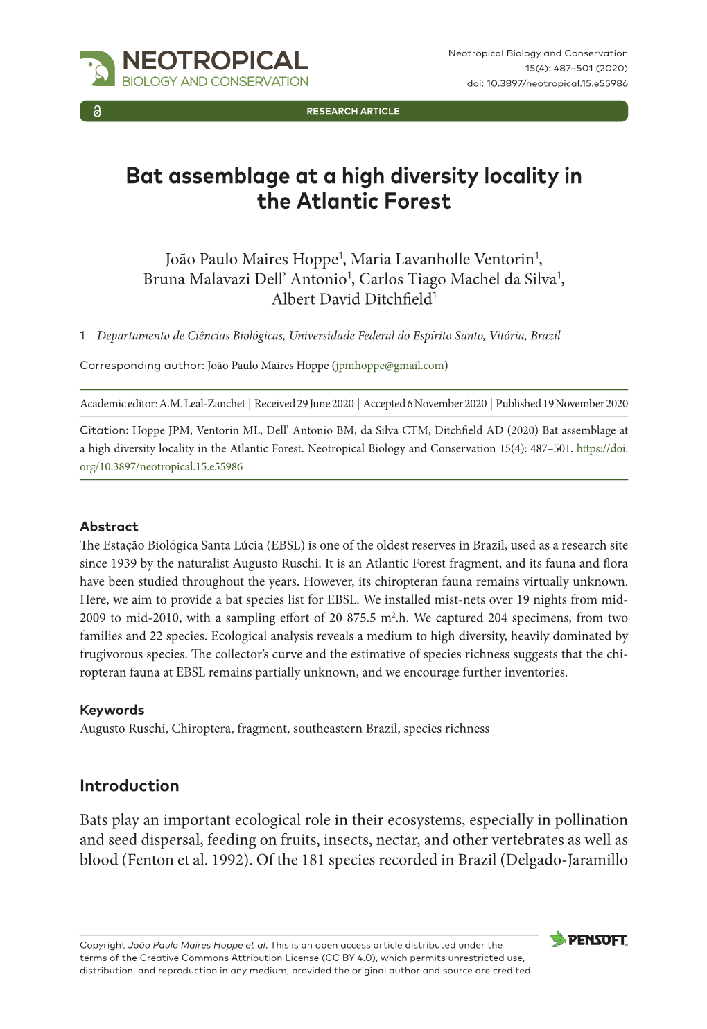 ﻿Bat Assemblage at a High Diversity Locality in the Atlantic Forest