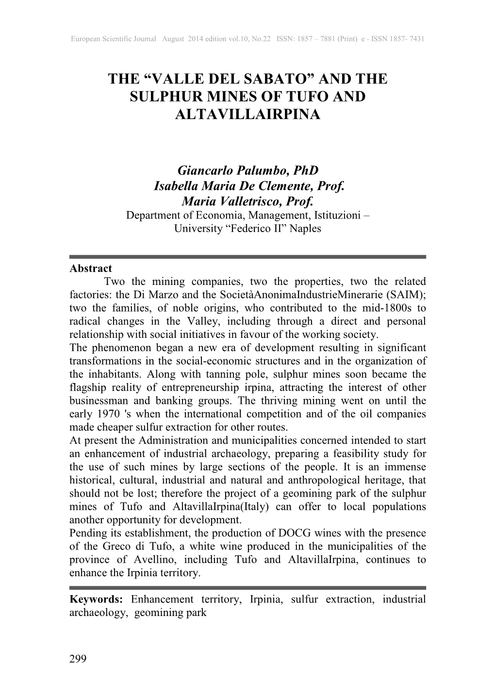 The “Valle Del Sabato” and the Sulphur Mines of Tufo and Altavillairpina