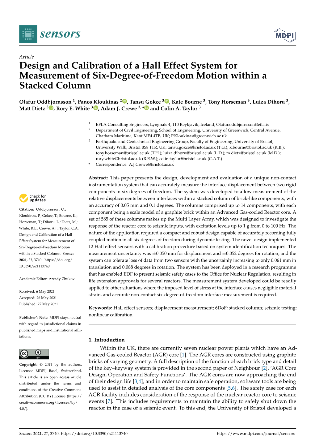 Design and Calibration of a Hall Effect System for Measurement of Six-Degree-Of-Freedom Motion Within a Stacked Column