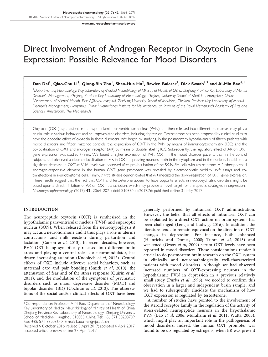 Direct Involvement of Androgen Receptor in Oxytocin Gene Expression: Possible Relevance for Mood Disorders