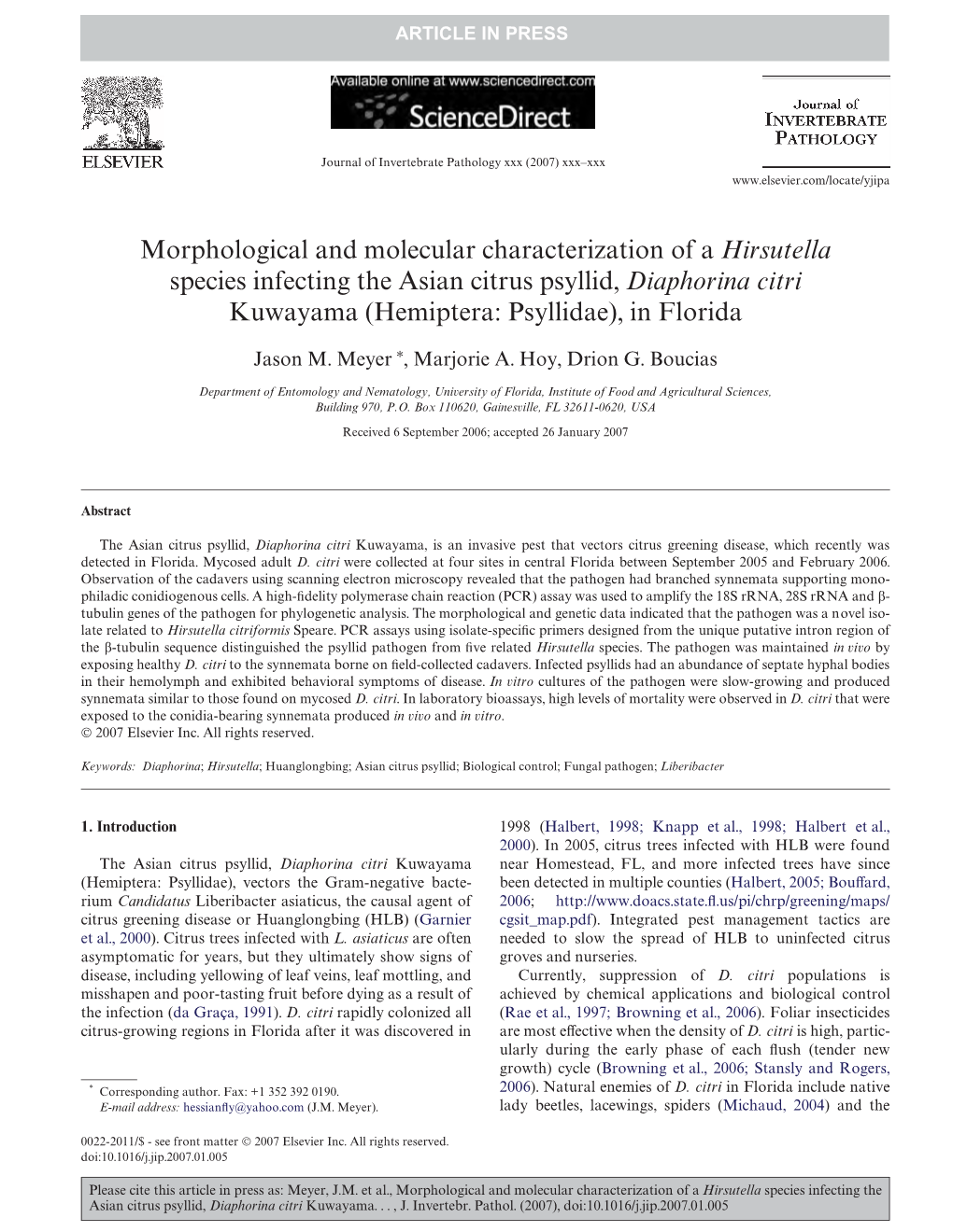 Morphological and Molecular Characterization of a Hirsutella Species Infecting the Asian Citrus Psyllid, Diaphorina Citri Kuwayama (Hemiptera: Psyllidae), in Florida