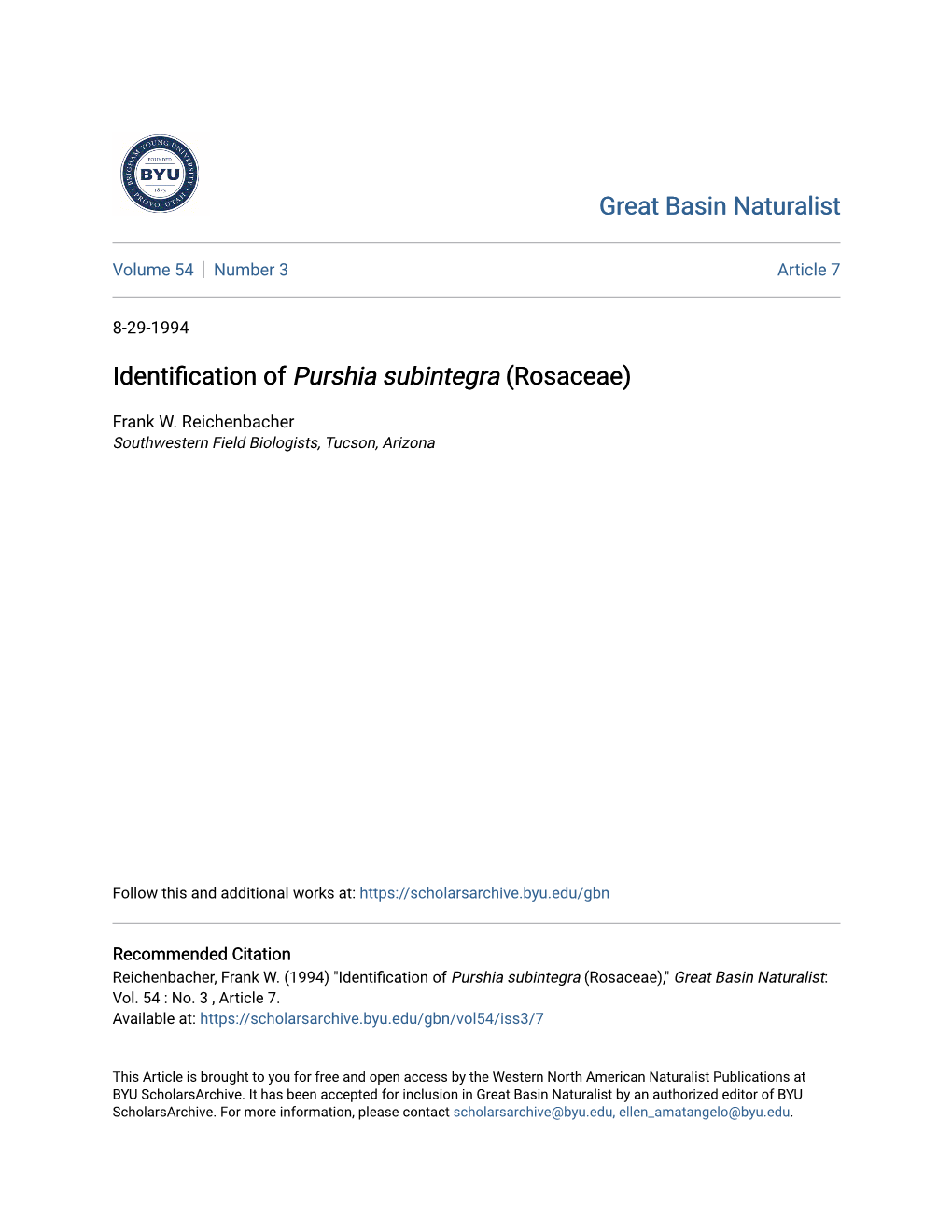 Identification of Purshia Subintegra (Rosaceae)