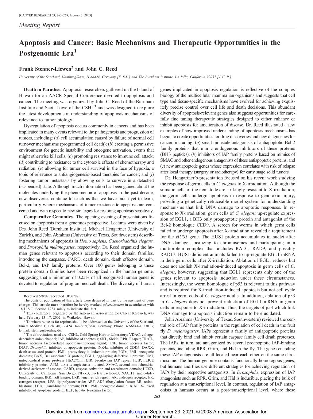 Apoptosis and Cancer: Basic Mechanisms and Therapeutic Opportunities in the Postgenomic Era1