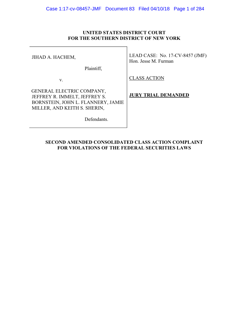 Jihad A. Hachem, Et Al. V. General Electric Inc., Et Al. 17-CV-08457