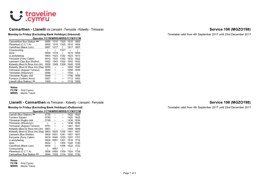 Traveline Cymru A4 Landscape Timetable