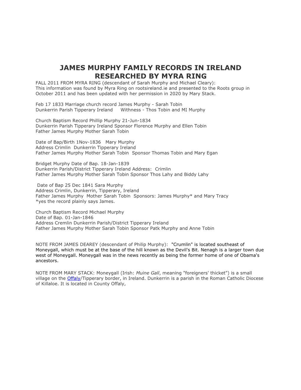 James Murphy Family Records in Ireland Researched By