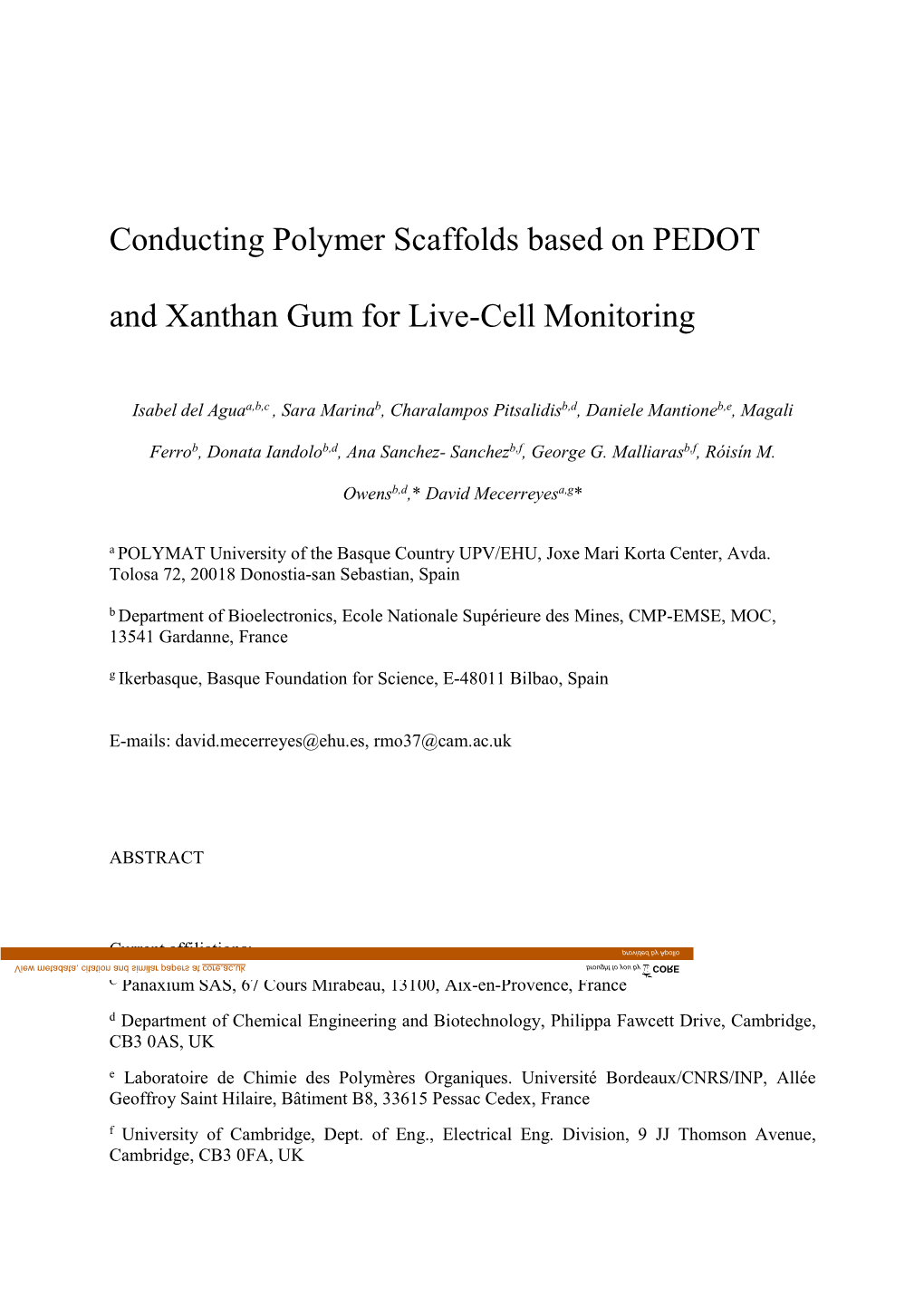 Conducting Polymer Scaffolds Based on PEDOT and Xanthan Gum for Live-Cell Monitoring