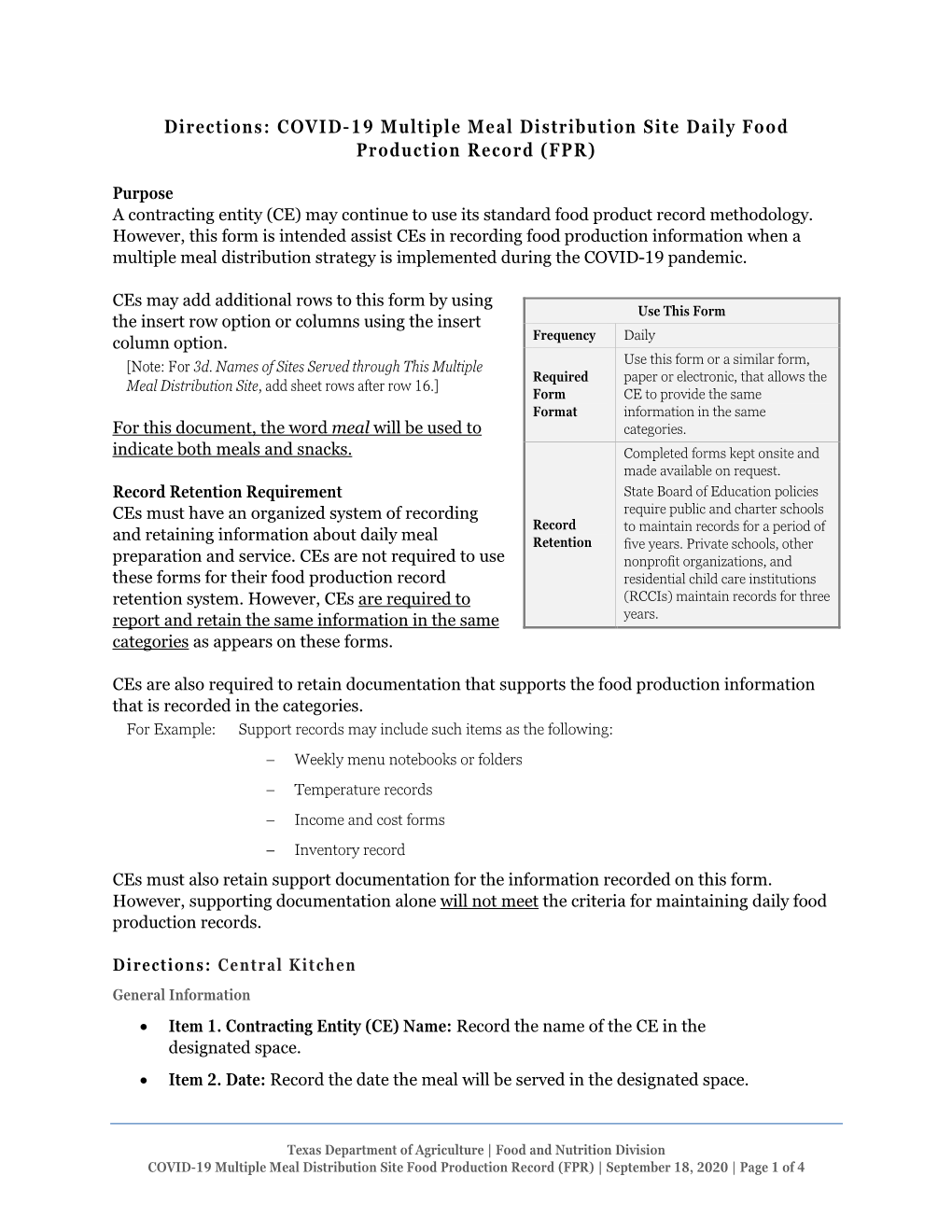 COVID-19 Multiple Meal Distribution Site Daily Food Production Record (FPR)