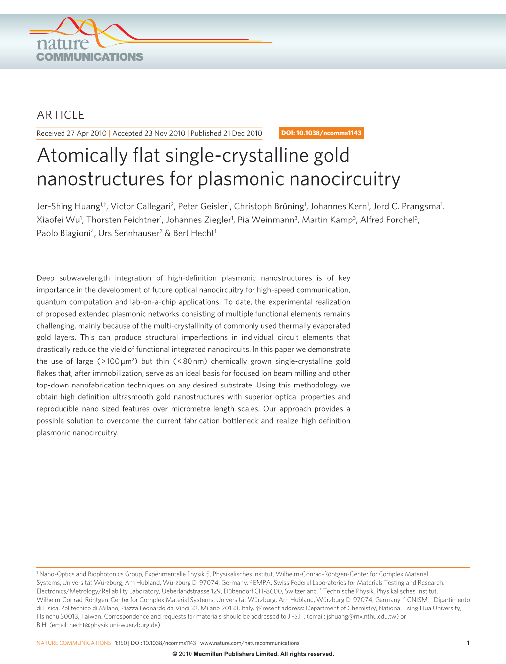 Atomically Flat Single-Crystalline Gold Nanostructures for Plasmonic Nanocircuitry