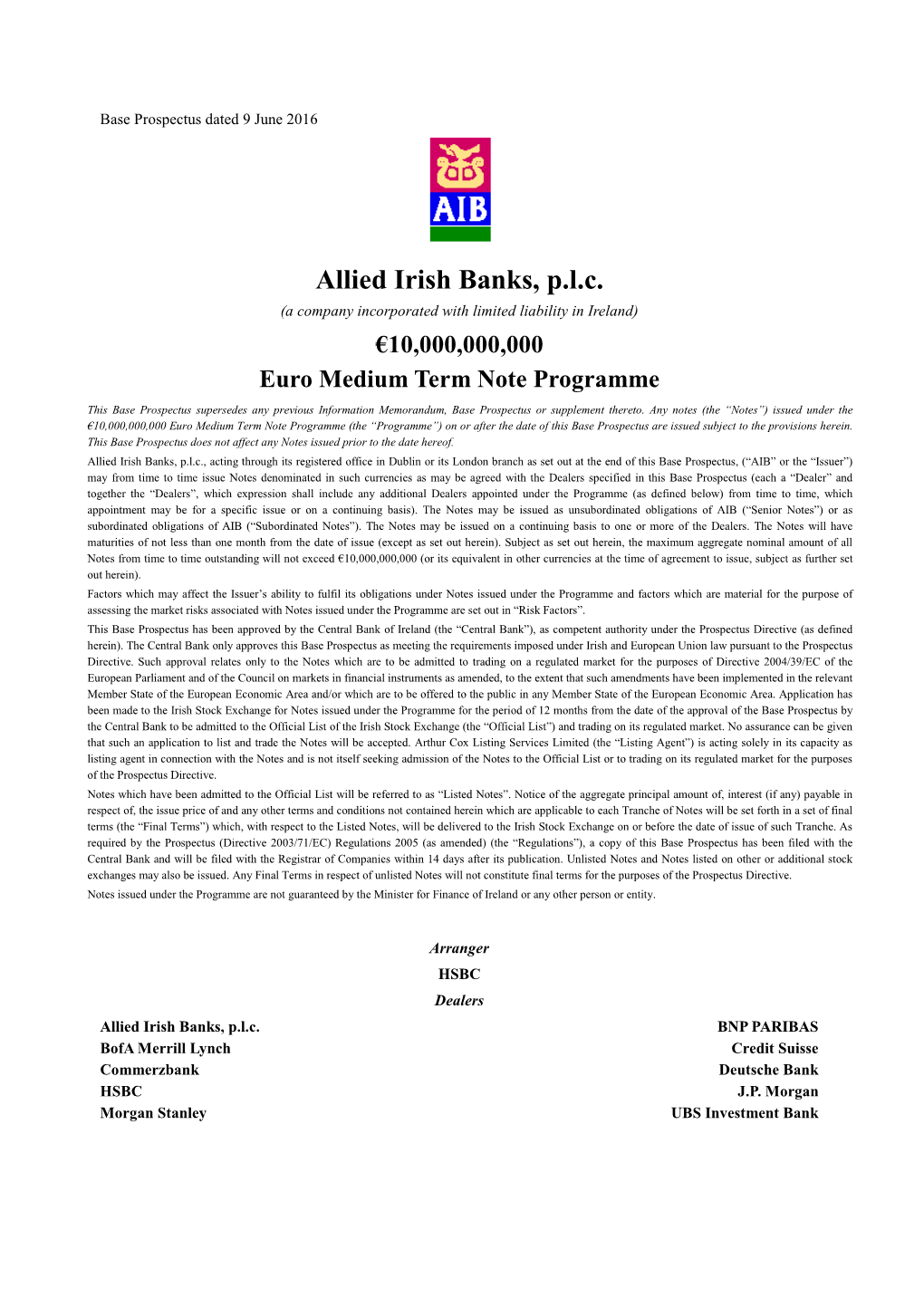 Allied Irish Banks, P.L.C. €10Bn EMTN, Programme, 09 June 2016