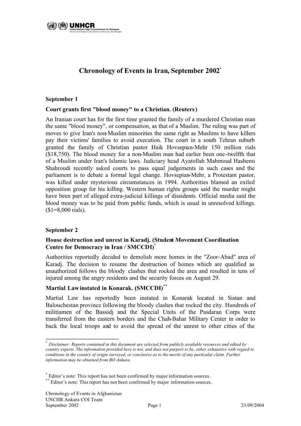 Chronology of Events in Iran, September 2002*