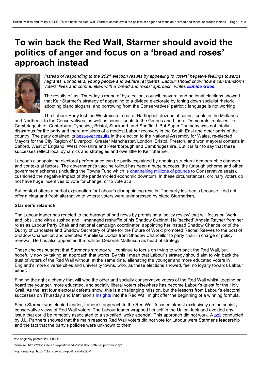 British Politics and Policy at LSE: to Win Back the Red Wall, Starmer Should Avoid the Politics of Anger and Focus on a ‘Bread and Roses’ Approach Instead Page 1 of 3