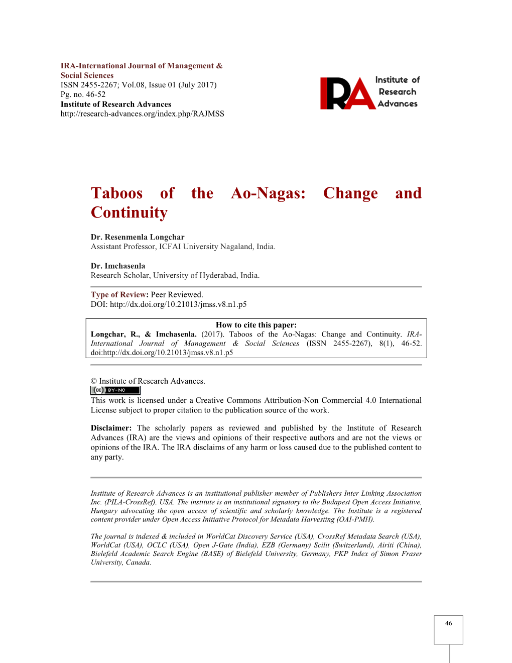 Taboos of the Ao-Nagas: Change and Continuity