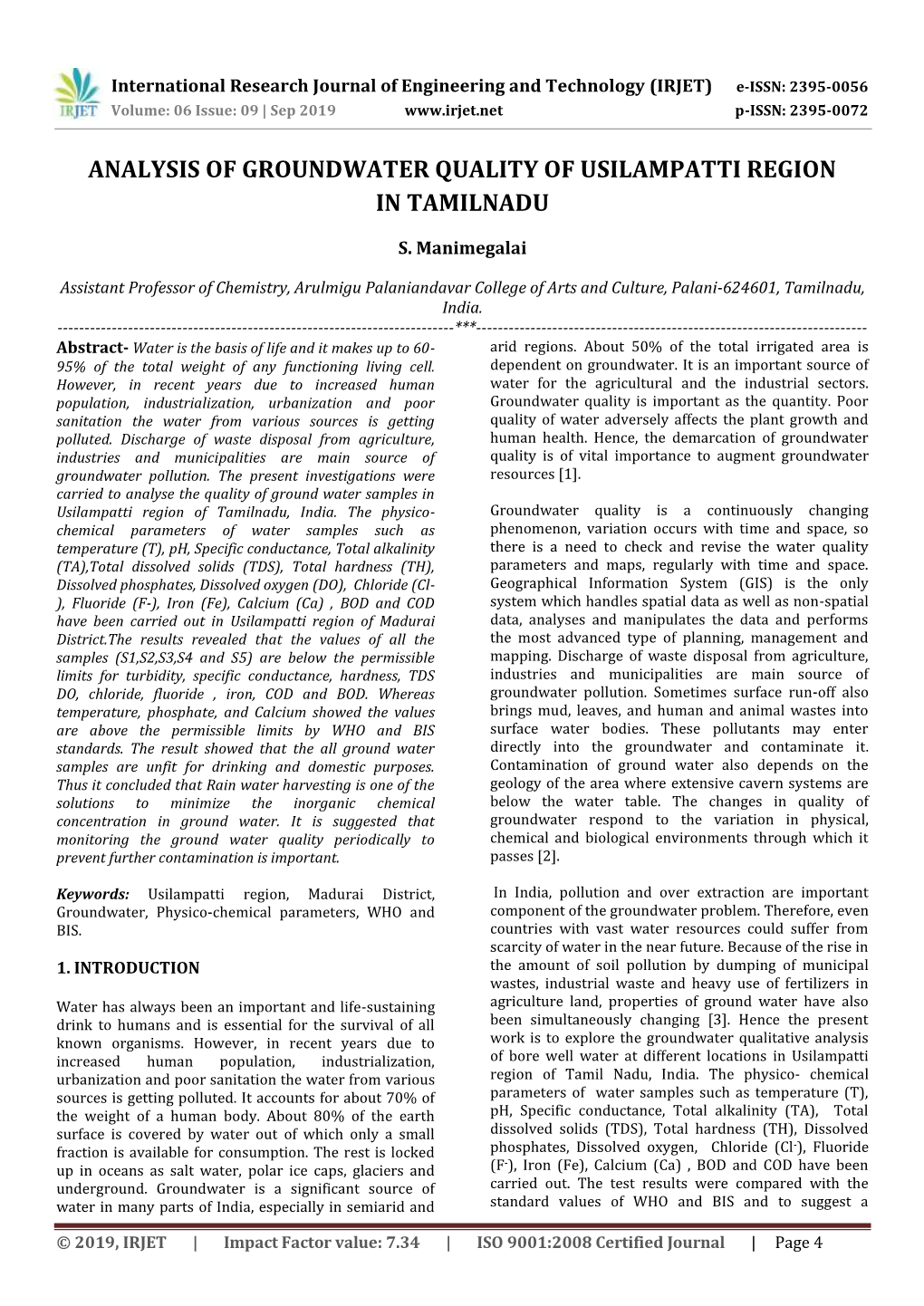 Analysis of Groundwater Quality of Usilampatti Region in Tamilnadu