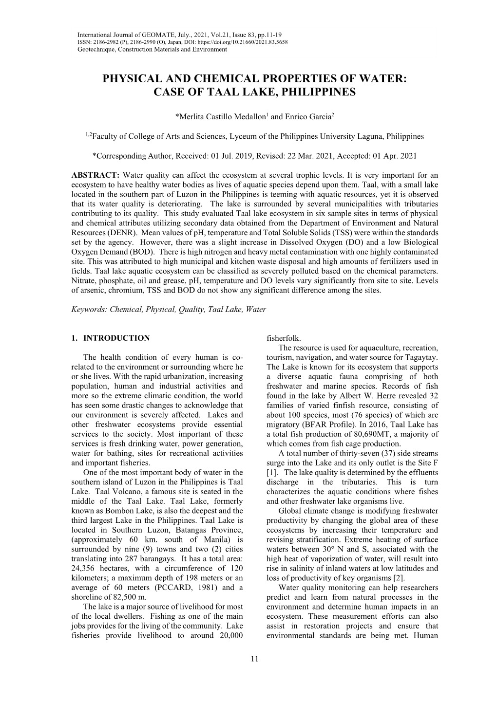 Physical and Chemical Properties of Water: Case of Taal Lake, Philippines