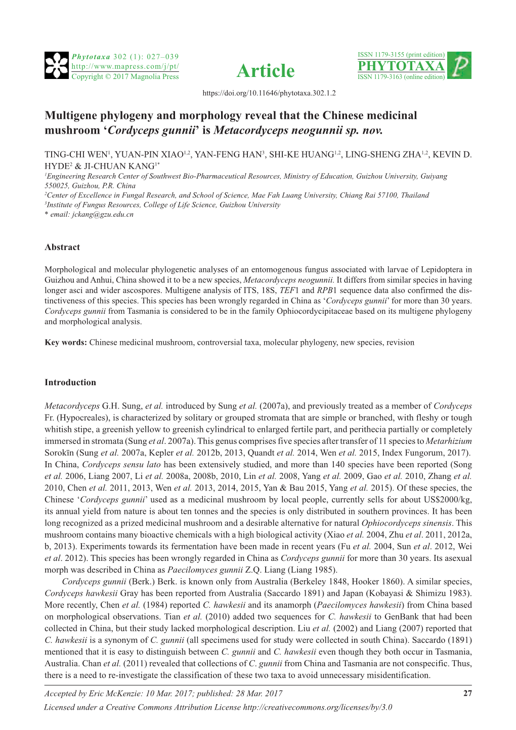 Cordyceps Gunnii’ Is Metacordyceps Neogunnii Sp